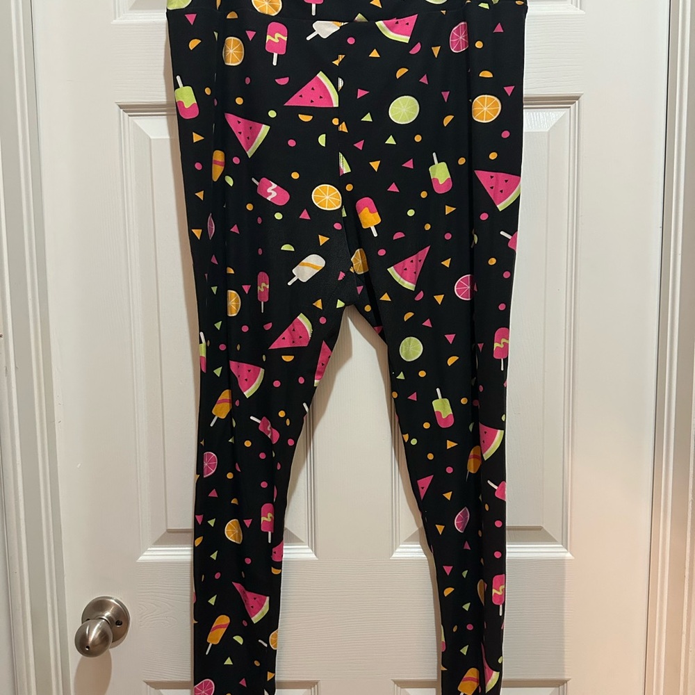 LuLaRoe Black Leggings with Colorful Fruit and Popsicle Print